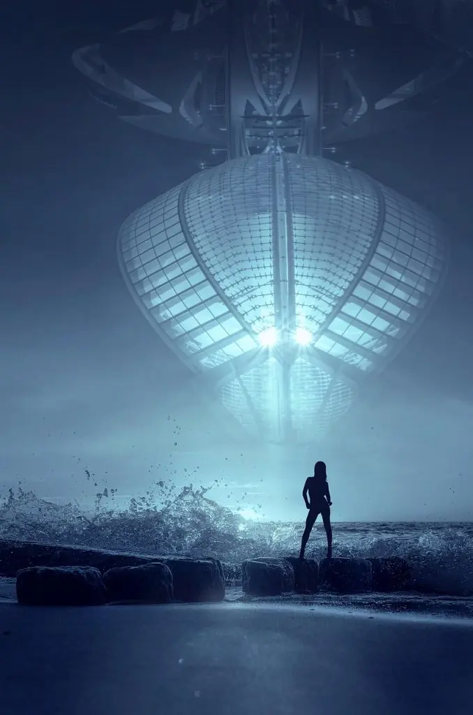 fantasy, ufo, beach, woman, silhouette, spray, light, heaven, blue, book cover, future, futuristic, science fiction, fantasy picture, spaceship, flying, universe, photomontage, space cruiser, mystical, nature, hover, cover, lights, alien, the atmosphere, mood, illuminated, artificially, artificial intelligence, technology, female, intelligent, curious, appearance, encounter, landing, sea, backlighting, scary, fantastic, air, flying object
